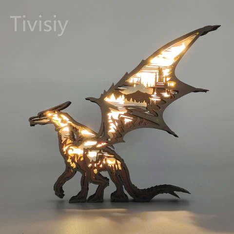 19.7 Inch Magical Dragon Wood Animal Statue Lamp with Voice Control and Remote Control